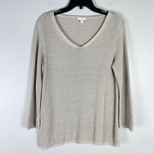 J Jill Crochet Open Knit Top Womens Sz  Medium Linen Blend Oatmeal Beach Coastal